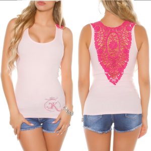 Top canotta donna schiena pizzo macrame bicolore costine senza maniche