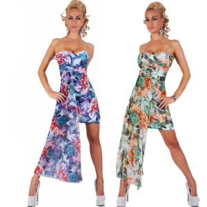 Vestito donna abito floreale elegante scollo cuore coda voile
