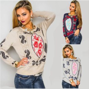 Maglione maglia donna girocollo lurex damascato manica lunga