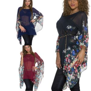 Blusa voile top donna catena maniche kimono floreali lunghe elegante
