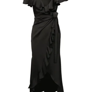 Vestito a Portafoglio in Raso Nero con Ruches