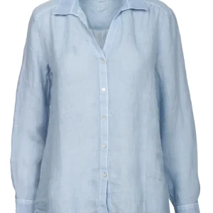 Camicia in lino a maniche lunghe con scollo a V celeste.